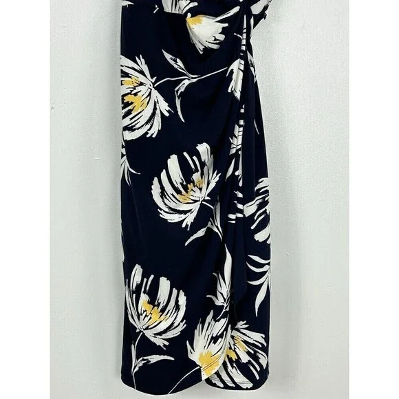 Maggy London Women Sz 8 Navy And Yellow Tropical Floral Cap Sleeve Wrap Dress N4 - Picture 8 of 11